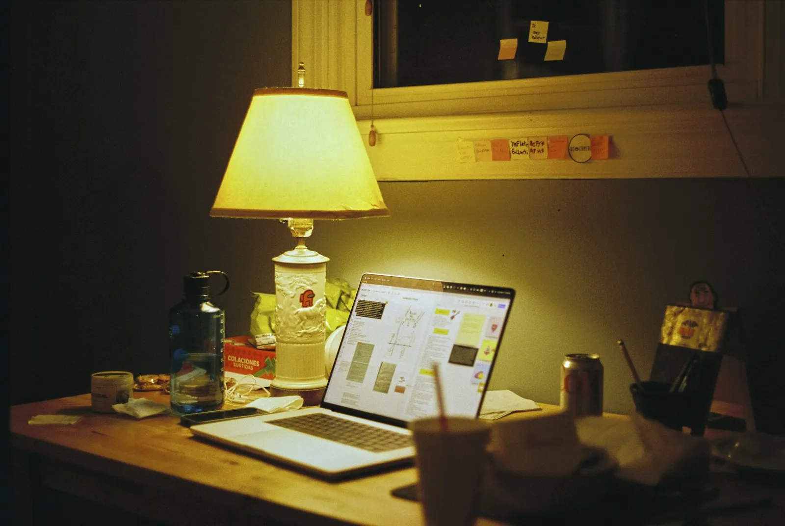 A desk lamp over an evening's work