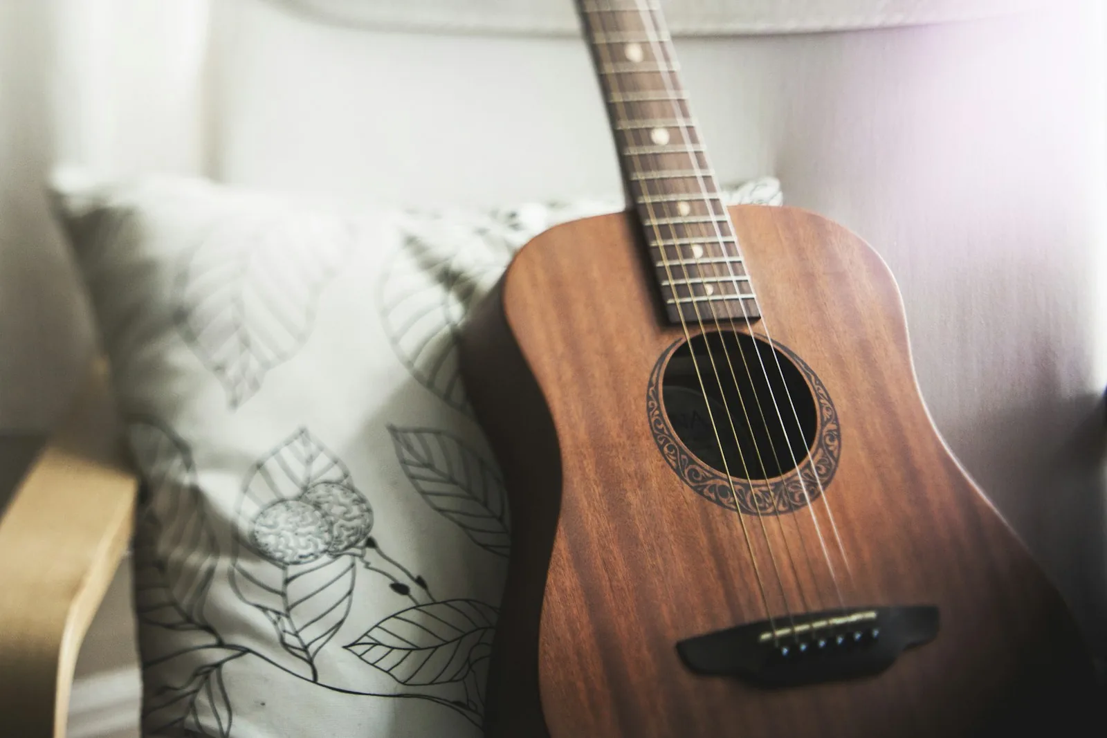 Acoustic guitar in a calm therapy space, music therapy and sound healing at The Trinity in Fort Worth.
